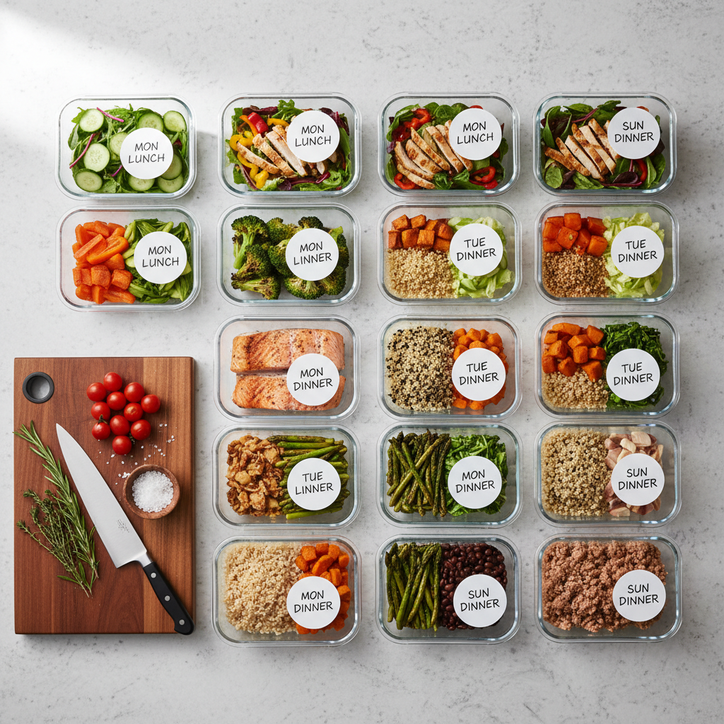 An overhead, photographic view of a tidy weekly meal-prep scene on a pale stone countertop, featuring transparent glass containers filled with colorful salads, roasted vegetables, whole grains, and lean protein portions. Each container is precisely aligned, with neatly labeled lids placed beside them. A wooden cutting board with a sharp chef’s knife, sliced cherry tomatoes, and fresh herbs anchors the composition. Diffused daylight from an unseen window creates soft, even lighting with minimal shadows, emphasizing clarity and freshness. The mood is organized, calm, and empowering, ideal for a professional health site. The image is composed using the rule of thirds with sharp focus throughout for a crisp, modern aesthetic.