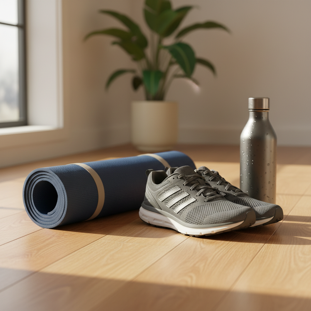 A pair of sleek, charcoal-gray running shoes with breathable mesh texture and reflective accents resting beside a neatly rolled, ocean-blue yoga mat on a smooth, light oak floor. A reusable stainless-steel water bottle with a matte finish stands nearby, tiny droplets of condensation visible on its surface. The setting is a bright, uncluttered home workout corner, with a blurred background of a potted plant and a neutral wall. Soft afternoon light enters from the side, casting gentle, elongated shadows and subtle highlights on the materials. Photographic realism with a slightly elevated angle and shallow depth of field creates an energizing yet balanced mood, symbolizing active, healthy living.